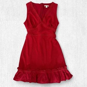 Francesca's Red Knit Crochet Lace Trim Ruffle Hem Mini Dress Medium Sleeveless